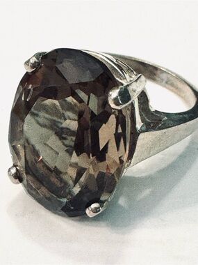 Antique Sterling Silver Ring with Smoky Quartz, 1970s Natural Stone - size 8